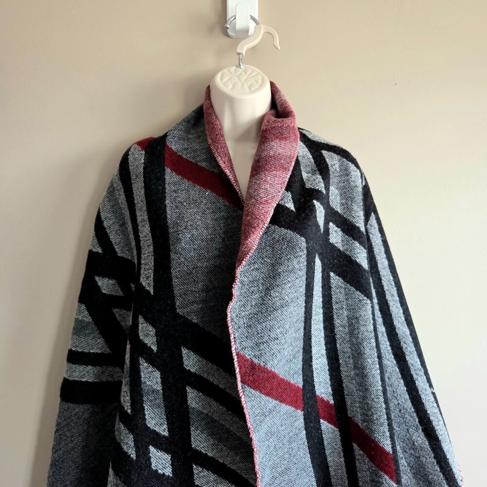Gray black and red scarf/shawl.